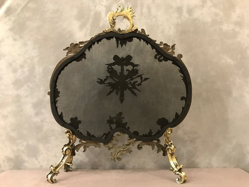 Pare feu écran de cheminée ancien en bronze d'époque 19 ème 