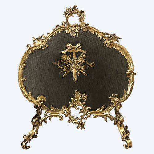 Pare feu écran de cheminée ancien en bronze d'époque 19 ème 