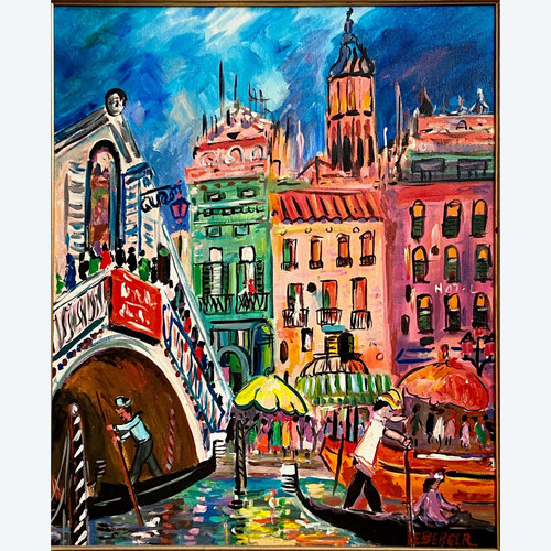 Paul Leberger (1927-2018), Öl auf Leinwand aus den 1980er Jahren mit dem Titel „Die Rialtobrücke – Venedig“.