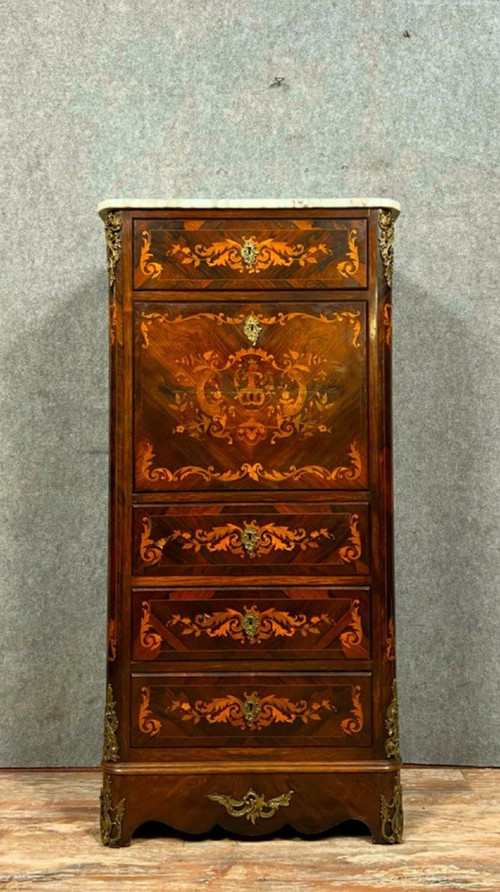 Lady's secretary in marquetry of noble woods depicting floral scrolls and a vase.