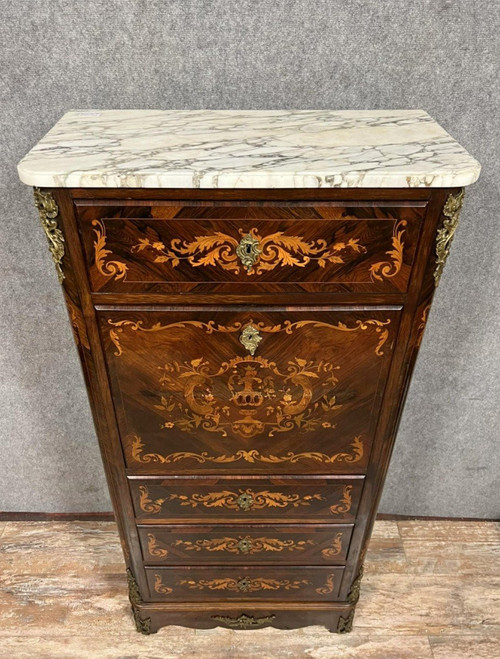 Lady's secretary in marquetry of noble woods depicting floral scrolls and a vase.