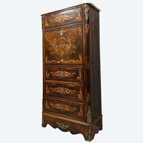 Lady's secretary in marquetry of noble woods depicting floral scrolls and a vase.
