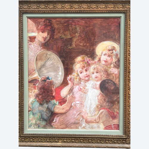 tableau Felix COURCHÉ  1863-1944 portraits d'élégante et enfants 