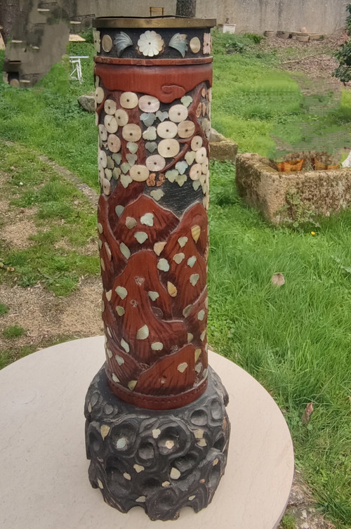 Antique Bitong Large Carved Brush Pot Mother of Pearl Inlay Asia