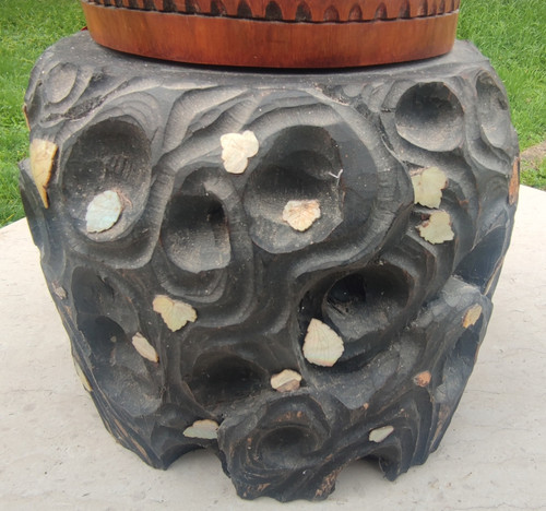Antique Bitong Large Carved Brush Pot Mother of Pearl Inlay Asia