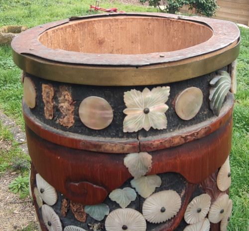 Antique Bitong Large Carved Brush Pot Mother of Pearl Inlay Asia