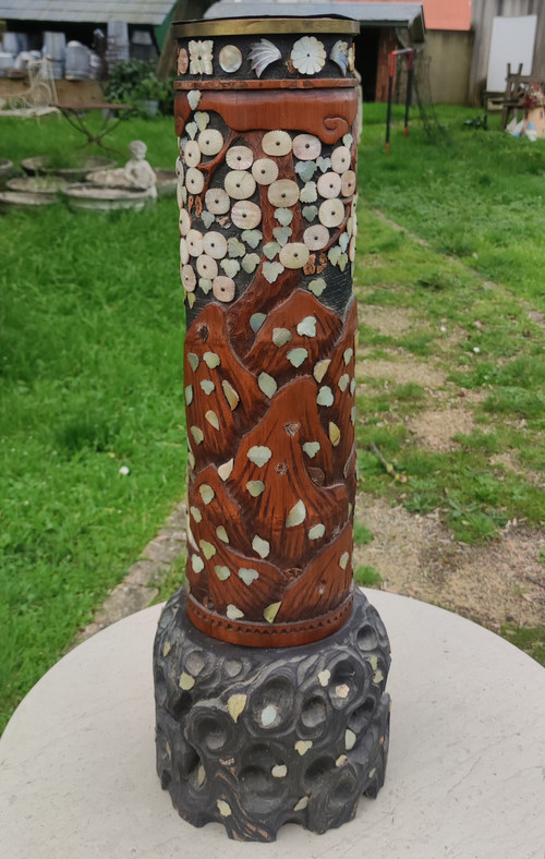 Antique Bitong Large Carved Brush Pot Mother of Pearl Inlay Asia
