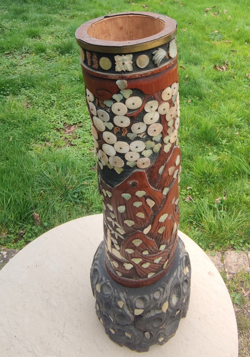 Antique Bitong Large Carved Brush Pot Mother of Pearl Inlay Asia