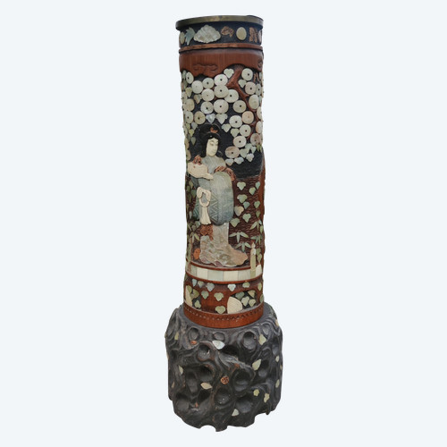 Antique Bitong Large Carved Brush Pot Mother of Pearl Inlay Asia