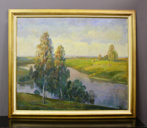 Importante Olio Su Tela Paesaggio Al Fiume Scuola Russa XX
