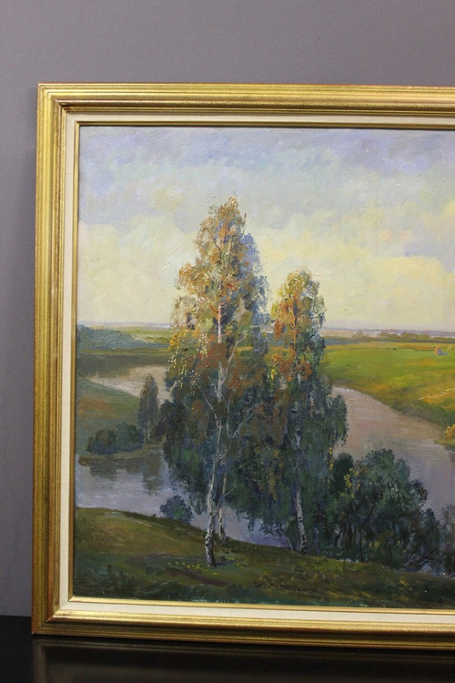 Importante Olio Su Tela Paesaggio Al Fiume Scuola Russa XX