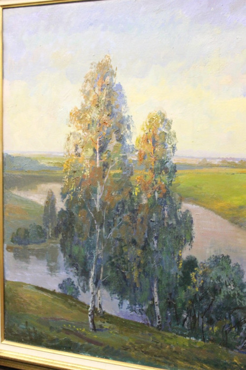 Importante Olio Su Tela Paesaggio Al Fiume Scuola Russa XX