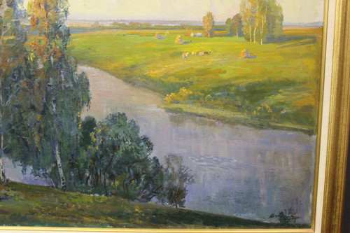 Importante Olio Su Tela Paesaggio Al Fiume Scuola Russa XX