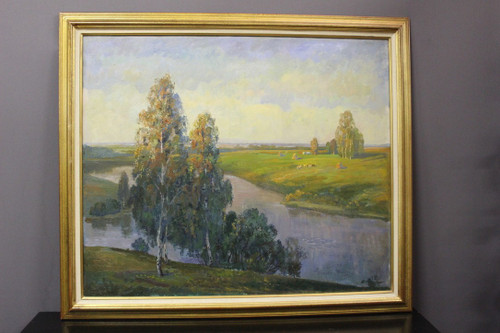 Importante Olio Su Tela Paesaggio Al Fiume Scuola Russa XX