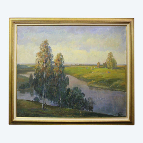 Importante Olio Su Tela Paesaggio Al Fiume Scuola Russa XX