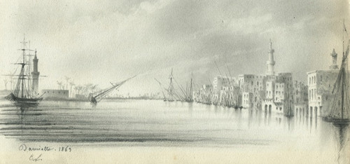 Egypt, view of Damietta, Nile Delta - Old orientalist drawing