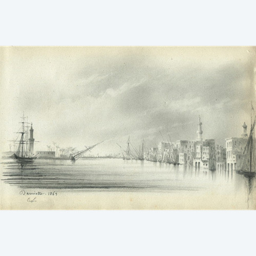 Egypt, view of Damietta, Nile Delta - Old orientalist drawing