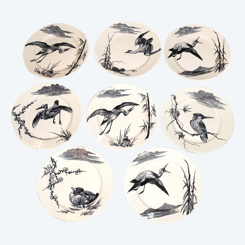 8 Lunéville earthenware plates, large birds, Keller and Guérin period, Japanese style, 19th century