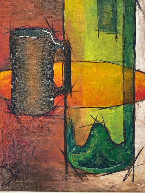 Öl auf Tafelkomposition, signiert Lione S. Bouteille 1960