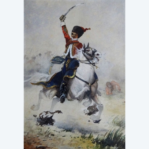 Watercolor painting of a hussar from the war of 1870 by Charles Gare to be identified 1908