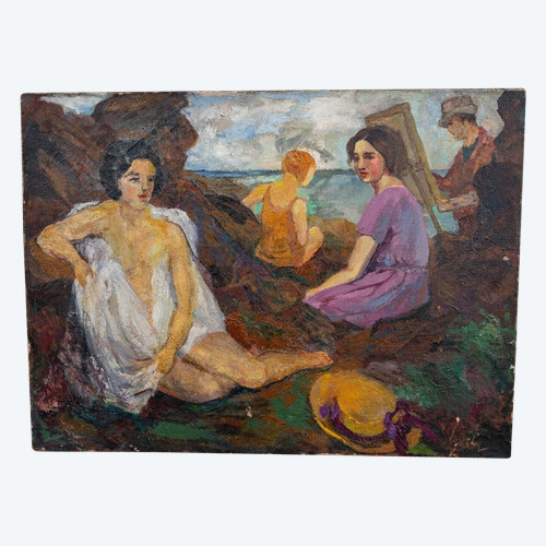Oil on canvas signature to identify beach scene painter easel