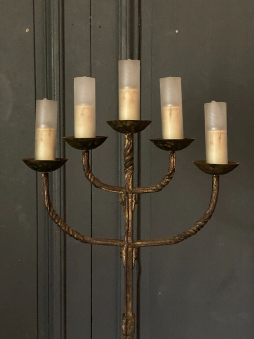Brutalist floor lamp in gilded metal 1950 five lights