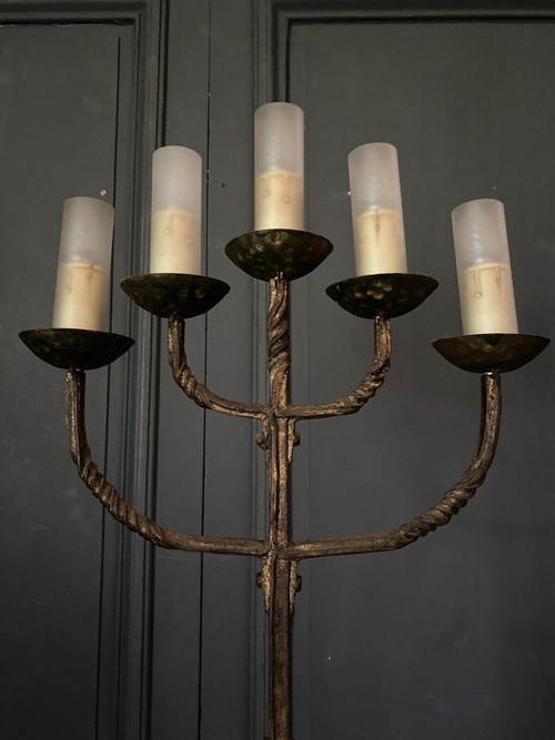 Brutalist floor lamp in gilded metal 1950 five lights