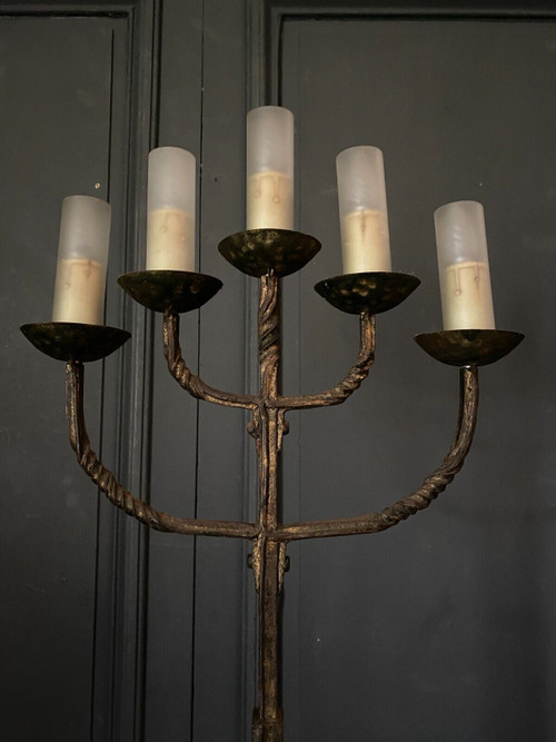 Brutalist floor lamp in gilded metal 1950 five lights