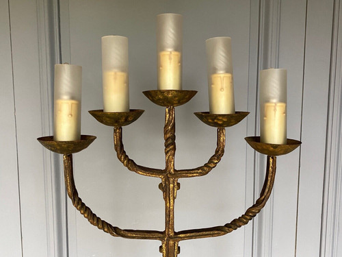 Brutalist floor lamp in gilded metal 1950 five lights