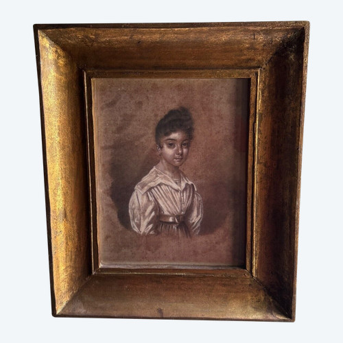 Early 19th century drawing representing a young girl in a gilded frame