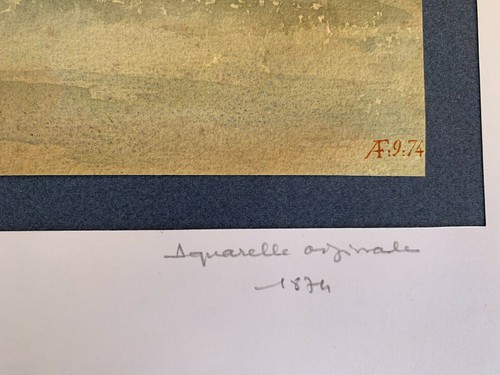 Aquarelle originale signée AF château d'Ereham 1874 V. Saulnier Normandie