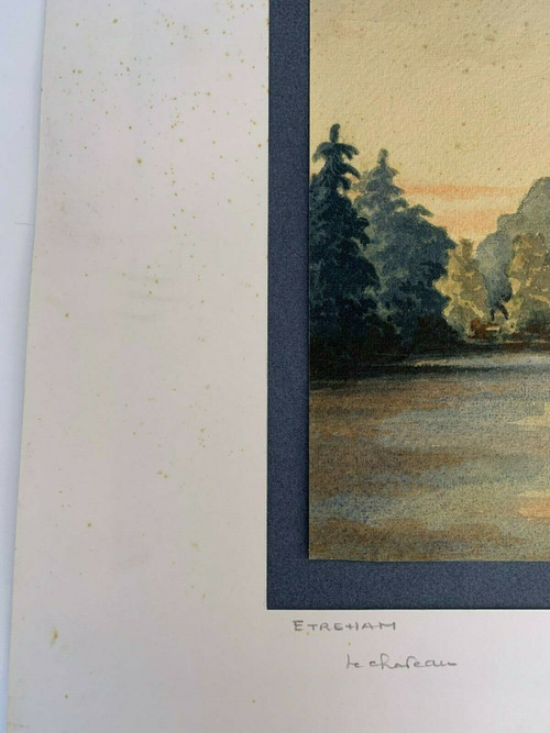 Aquarelle originale signée AF château d'Ereham 1874 V. Saulnier Normandie