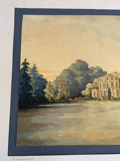 Aquarelle originale signée AF château d'Ereham 1874 V. Saulnier Normandie
