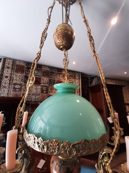 Lampadario a sospensione Matador ad olio e candele in Bronzo e Opalino Napoleone III - XIX secolo