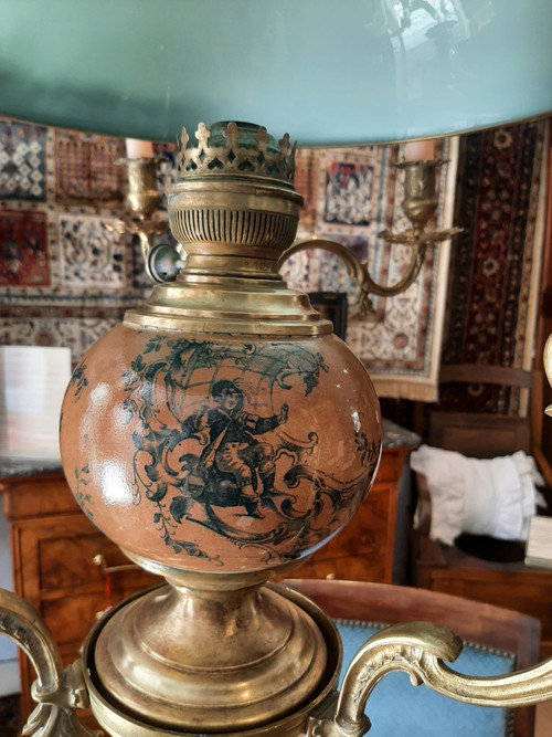 Lampadario a sospensione Matador ad olio e candele in Bronzo e Opalino Napoleone III - XIX secolo