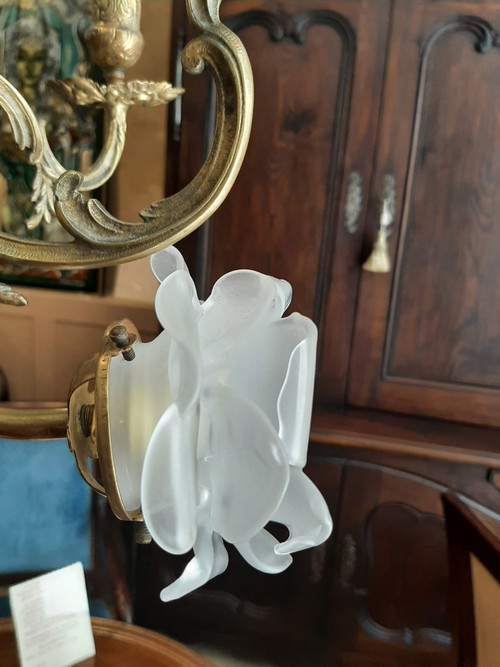 Lampadario a sospensione Matador ad olio e candele in Bronzo e Opalino Napoleone III - XIX secolo