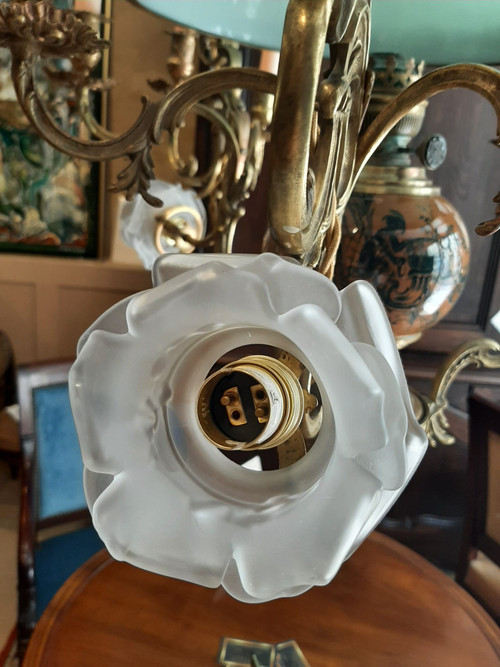 Lampadario a sospensione Matador ad olio e candele in Bronzo e Opalino Napoleone III - XIX secolo