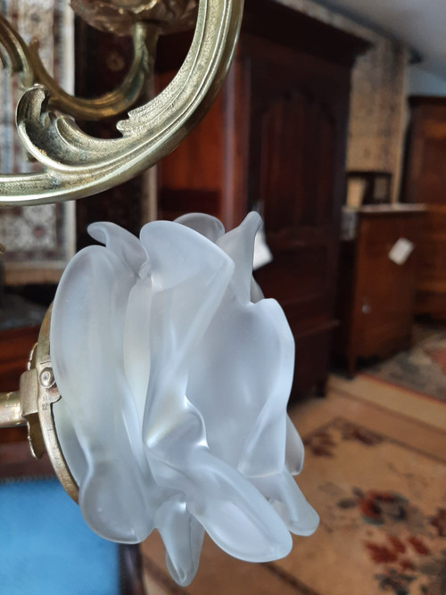 Lampadario a sospensione Matador ad olio e candele in Bronzo e Opalino Napoleone III - XIX secolo