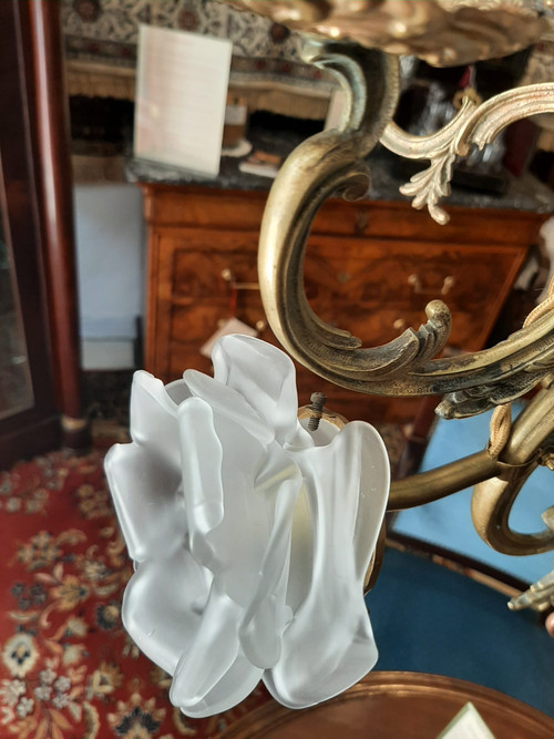 Lampadario a sospensione Matador ad olio e candele in Bronzo e Opalino Napoleone III - XIX secolo