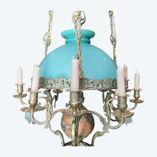 Lampadario a sospensione Matador ad olio e candele in Bronzo e Opalino Napoleone III - XIX secolo