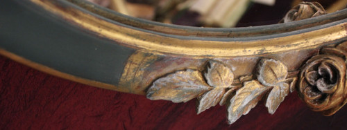 47 X 57 Cm, Paire De Miroirs Ovales Anciens, Patiné Vert Et Dorure, Décor De Roses