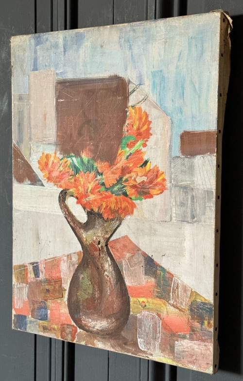 Öl auf Leinwand Stillleben Blumenstrauß Mitte des 20. Jahrhunderts