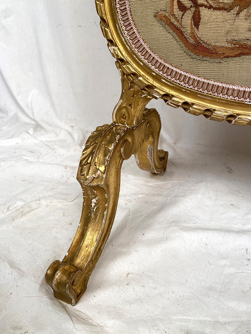 Kaminschirm aus vergoldetem Holz, mit einem Wandteppich belegt, Epoche Napoleon III.
