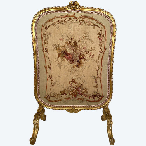 Kaminschirm aus vergoldetem Holz, mit einem Wandteppich belegt, Epoche Napoleon III.