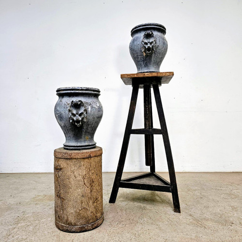 Pair of enameled cast iron Rouen vases