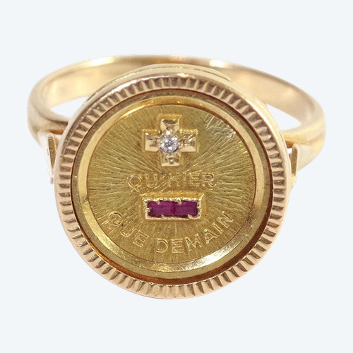 Anello d'amore Augis d'epoca in oro 18 carati, medaglia d'amore Augis, Alphonse Augis, gioielli sentimentali