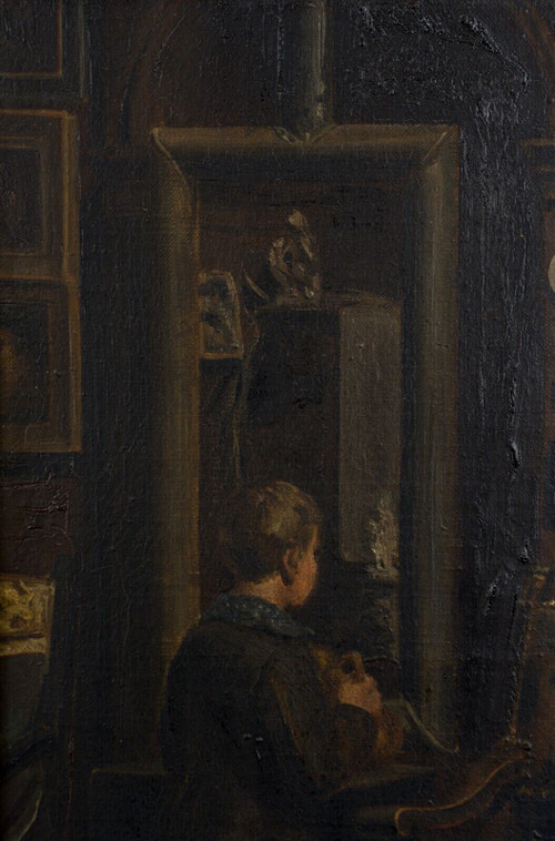 Huile sur toile par HW Cavatty jeune enfant devant un portrait XIXe