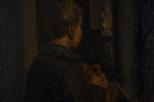 Huile sur toile par HW Cavatty jeune enfant devant un portrait XIXe