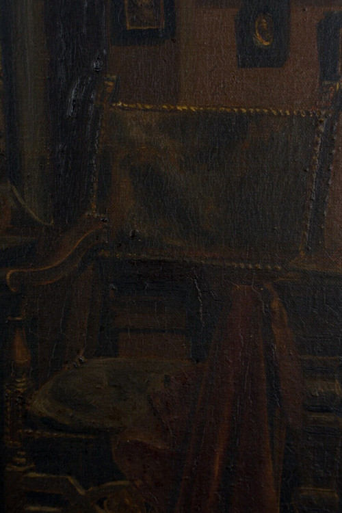 Huile sur toile par HW Cavatty jeune enfant devant un portrait XIXe