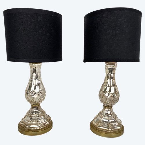 Pair of table lamps in eglomerated crystal